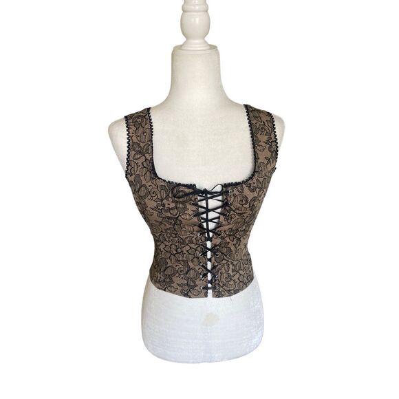 90s tan lace print corset front tied top - Picture 1 of 6